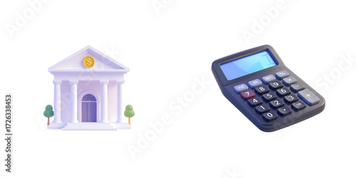 3D bank building and calculator icons, isolated on white background, finance and business calculation concept, 3D vector illustration.