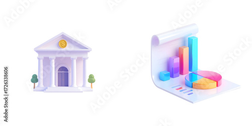 3D bank building icon and 3D document with chart icon, isolated on white background, business and finance concept, 3D vector-style illustration