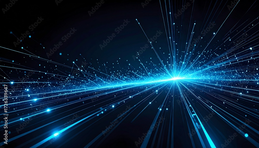 Fototapeta premium ハイパースピードなデジタル背景:青く輝く光の軌跡と粒子Generated image