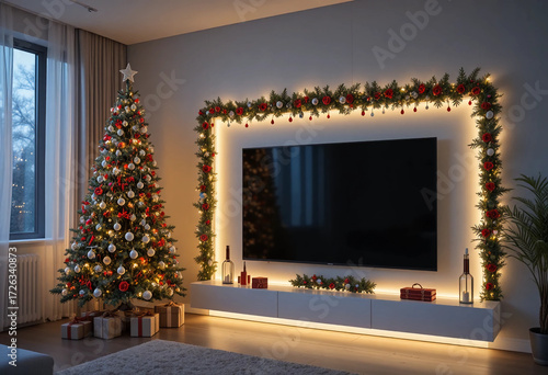 Fototapeta Naklejka Na Ścianę i Meble -  Modern TV set on light wall in room decorated for Christmas. Christmas room. 3d rendering.