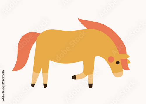 Cute chestnut horse with red mane. Hand drawn flat vector illustration. Funny animal isolated on white. 2026 Lunar New year design. Cool comic farm character, kids poster, card, social media banner.