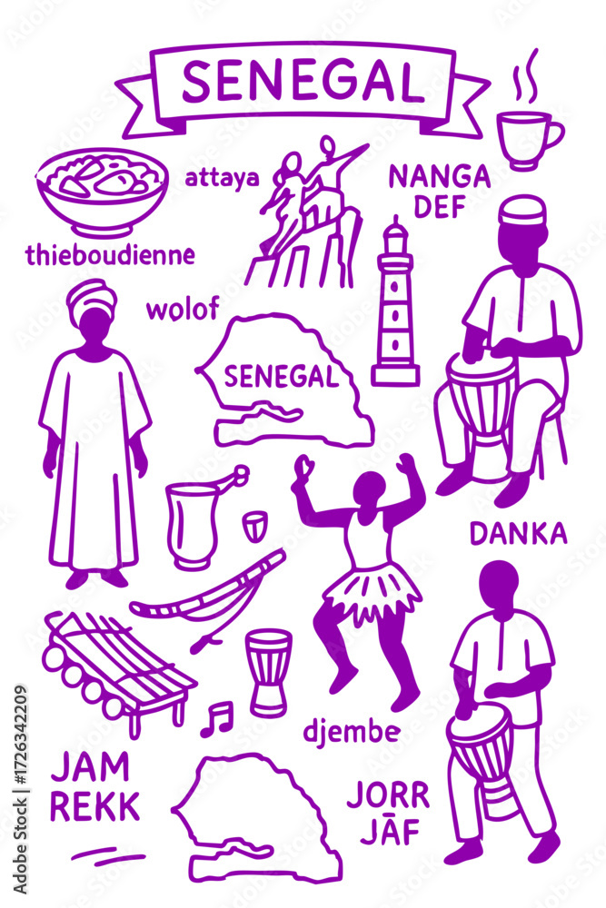 Obraz premium Senegalese Culture Illustration Set – Traditional People, Music, Dance, Food, and Symbols