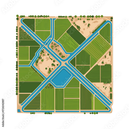 Flat Vector Irrigation System and Farms