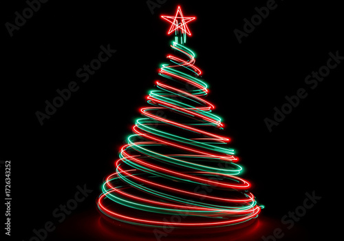 Christmas tree glows with festive light trails a red star adorns the bright tree