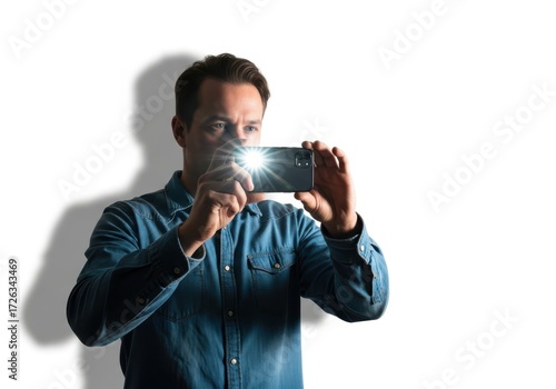 Man capturing moment with smartphone flash illuminating the scene and creating dramatic shadows transparent background