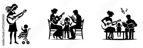 Modern Minimalist Woman Playing Music With Family Icon, Flat Silhouette of a Parenthood Vector for Musical Illustration Design