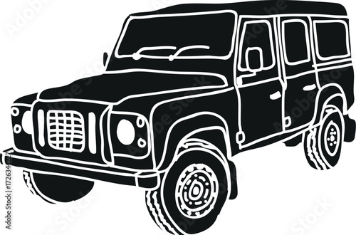 Stylized illustration of a rugged four-wheel-drive vehicle, perfect for outdoor adventures and challenging terrains. This classic silhouette evokes a sense of exploration and freedom on unpaved roads