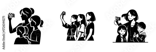 Modern Minimalist Woman Taking Family Photo Icon, Flat Silhouette of a Parenthood Vector for Photography Illustration Design