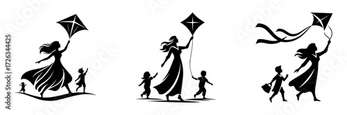 Modern Minimalist Woman Flying Kite With Children Icon, Flat Silhouette of a Parenthood Vector for Outdoor Illustration Design