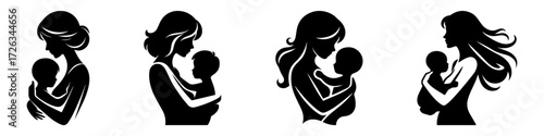 Modern Minimalist Woman Carrying Baby Icon, Flat Silhouette of a Mother With Child Vector for Parenthood Illustration Design