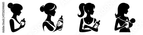 Modern Minimalist Woman Carrying Baby With Bottle Icon, Flat Silhouette of a Mother Feeding Child Vector for Parenthood Illustration Design