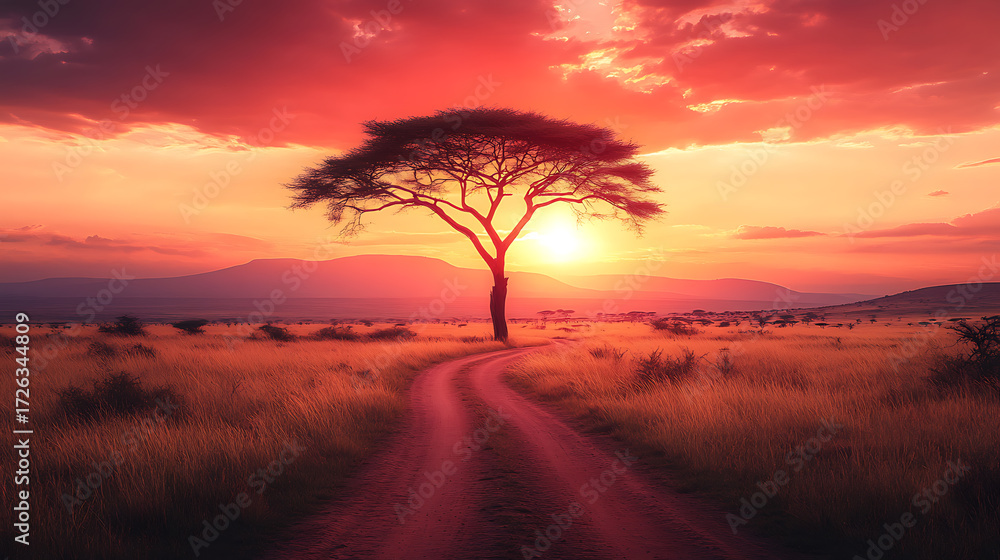 Obraz premium Dirt road leading to a silhouetted acacia tree on a savanna at sunset with mountains in the distance