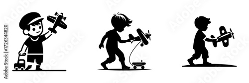 Modern Minimalist Boy Playing With Toy Airplane Icon, Flat Silhouette of a Child Vector for Playful Illustration Design