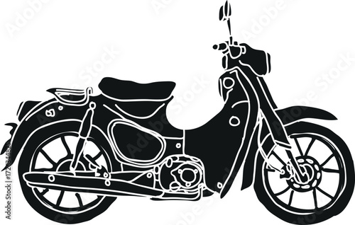 Silhouette illustration of a classic scooter from a side profile, highlighting its vintage design and iconic shape