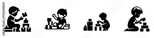 Modern Minimalist Boy Playing With Building Blocks Icon, Flat Silhouette of a Child Vector for Creative Illustration Design