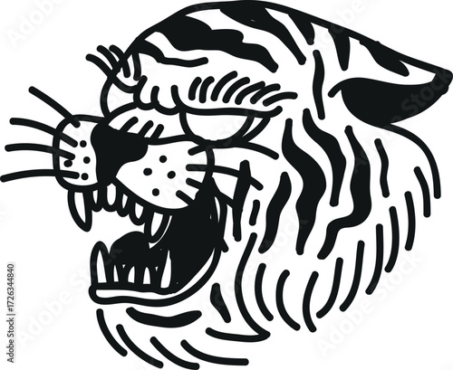 Stylized roaring tiger head in a bold black and white graphic, capturing the essence of wildness and untamed spirit with a classic tattoo art feel