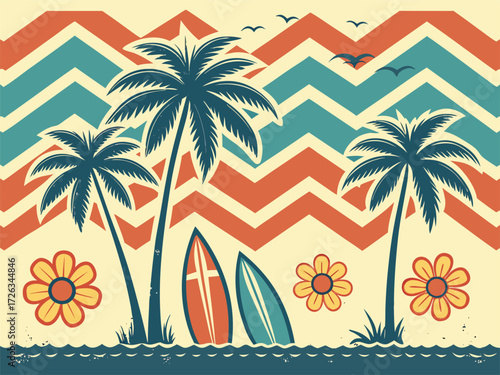 Retro summer beach scene with palm trees, surfboards, and flowers background