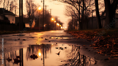 Street lights reflecting in puddles on a wet road lined with autumn leaves and bare trees at dusk.