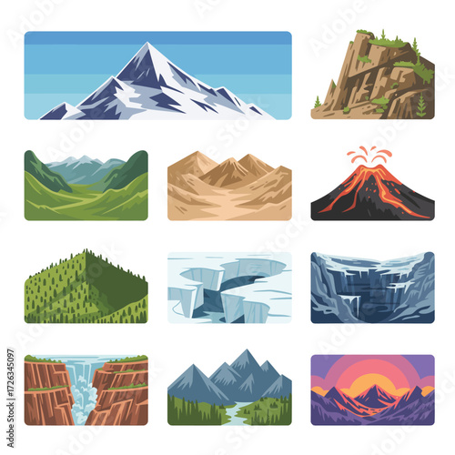 Diverse mountain landscapes vector illustrations collection scalable eps icons for nature and adventure designs vector