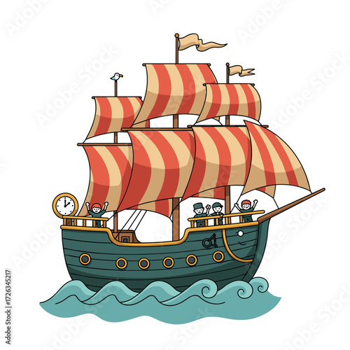 Cartoon galleon with striped sails on waves