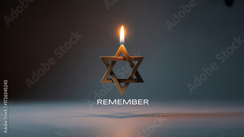 A lit candle atop a Star of David with the word 'REMEMBER' displayed below, set against a dark background.