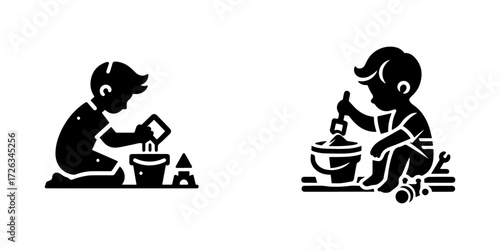 Modern Minimalist Boy Playing With Sand In A Bucket Icon, Flat Silhouette of a Child Vector for Summer Illustration Design