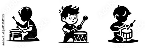 Modern Minimalist Boy Playing With A Toy Drum Icon, Flat Silhouette of a Child Vector for Music Illustration Design