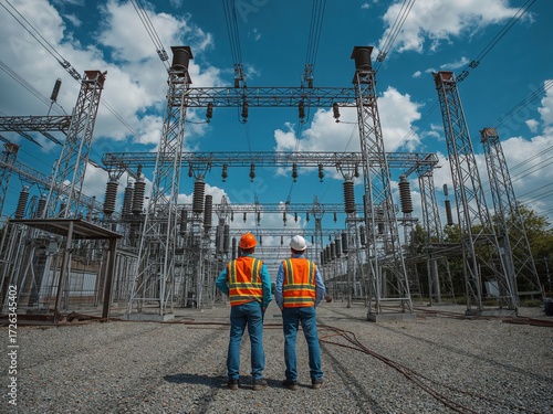 Two construction workers in safety gear analyzing an electrical substation under a cloudy sky