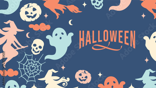 Horizontal Halloween banner with ghosts, witches, pumpkins and spooky greeting. Retro 1920x1080 design ideal for greetings, party invitations, digital backgrounds and web decor.
