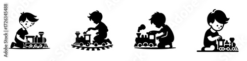 Modern Minimalist Boy Playing With A Toy Train Icon, Flat Silhouette of a Child Vector for Fun Illustration Design