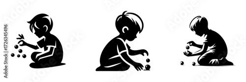 Modern Minimalist Boy Playing With Marbles Icon, Flat Silhouette of a Child Vector for Fun Illustration Design