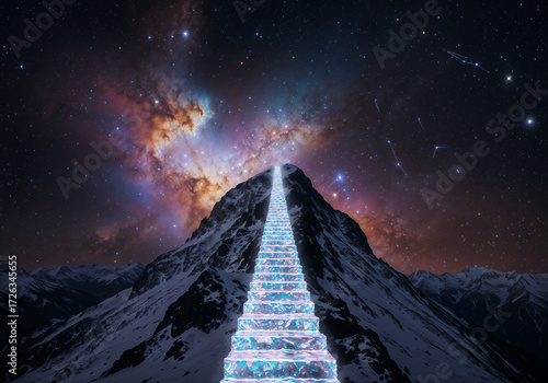 Glowing stairs ascend a mountain under a starry nebula providing a surreal inspiring vista
