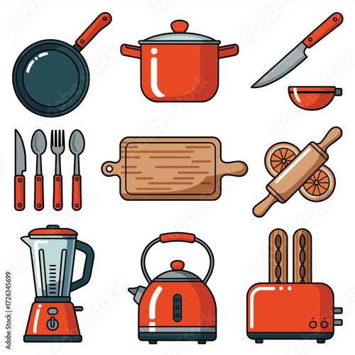 Vector illustration of assorted kitchenware and cooking utensils scalable eps graphic vector