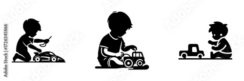 Modern Minimalist Boy Playing With Racing Car Icon, Flat Silhouette of a Child Vector for Fun Illustration Design