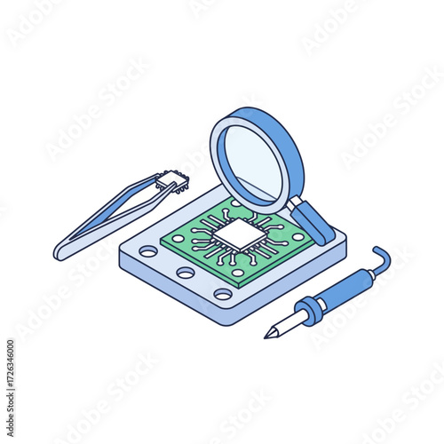Isometric view of a microchip, soldering iron, tweezers, and magnifying glass.