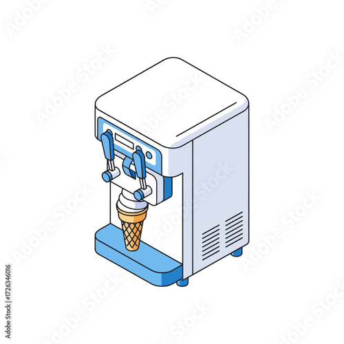 Isometric illustration of a soft serve ice cream machine dispensing a cone.