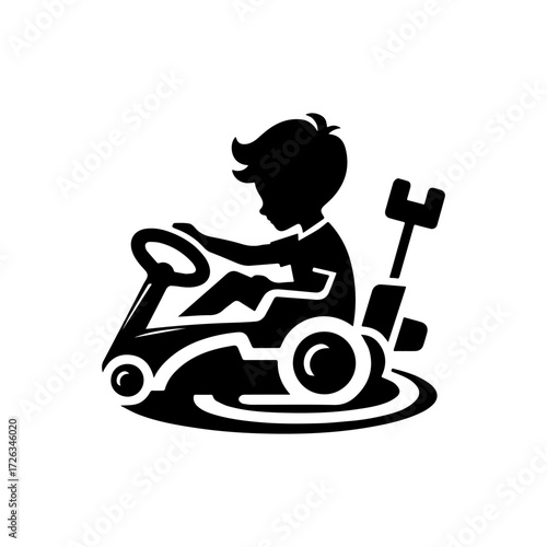 Modern Minimalist Boy Playing With Toy Race Car Icon, Flat Silhouette of a Child Vector for Fun Illustration Design