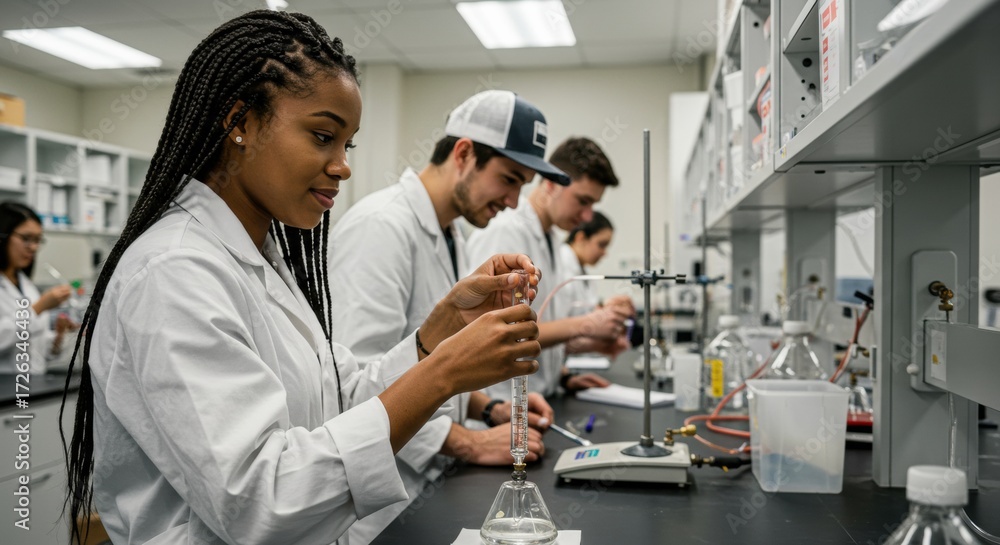 Fototapeta premium Conducting chemistry experiments in a laboratory university campus educational setting indoor environment science exploration