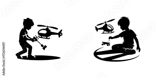 Modern Minimalist Boy Playing With Toy Helicopter Icon, Flat Silhouette of a Child Vector for Aviation Illustration Design