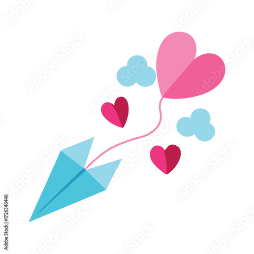 Paper airplane with heart balloon for love concept