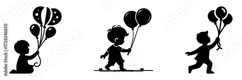 Modern Minimalist Boy Playing With Toy Balloons Icon, Flat Silhouette of a Child Vector for Fun Illustration Design