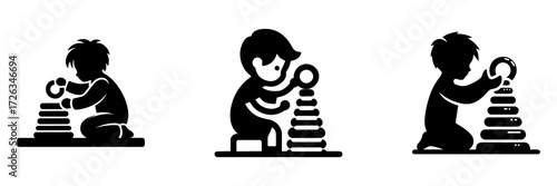 Modern Minimalist Boy Playing With Toy Stacking Rings Icon, Flat Silhouette of a Child Vector for Learning Illustration Design