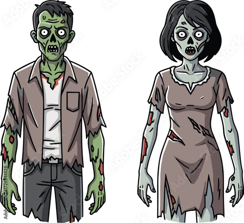 Cartoon zombies, male and female, green skin, tattered clothes, horror illustration, Halloween undead characters, spooky couple, creepy monster design