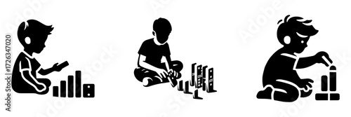 Modern Minimalist Boy Playing With Toy Dominoes Icon, Flat Silhouette of a Child Vector for Game Illustration Design