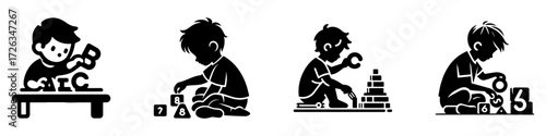 Modern Minimalist Boy Playing With Toy Letters Icon, Flat Silhouette of a Child Vector for Learning Illustration Design
