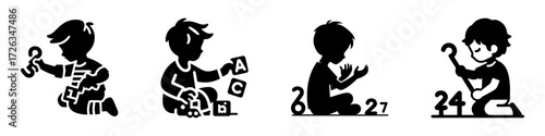 Modern Minimalist Boy Playing With Toy Numbers Icon, Flat Silhouette of a Child Vector for Learning Illustration Design