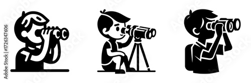 Modern Minimalist Boy Playing With Toy Binoculars Icon, Flat Silhouette of a Child Vector for Adventure Illustration Design