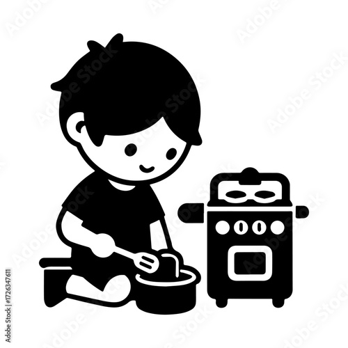 Modern Minimalist Boy Playing With Toy Cooking Set Icon, Flat Silhouette of a Child Vector for Learning Illustration Design