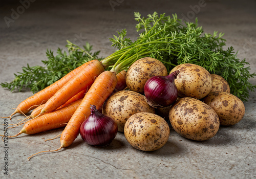 Assorted fresh vegetables are stacked Potatoes carrots and onions are displayed for healthy cooking