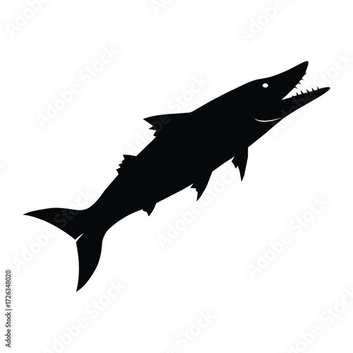 Silhouette of a barracuda with its mouth open, showcasing its sharp teeth isolated on white background, creating a striking image